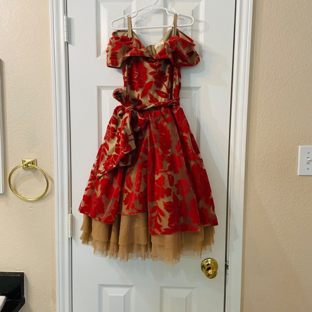 Mia Joy Girl Formal Dress Off Shoulder Fall Red Orange Tan Brown